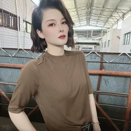 2023新款早秋圆领T恤打底衫女小众韩版时尚百搭显瘦洋气女装上衣图片