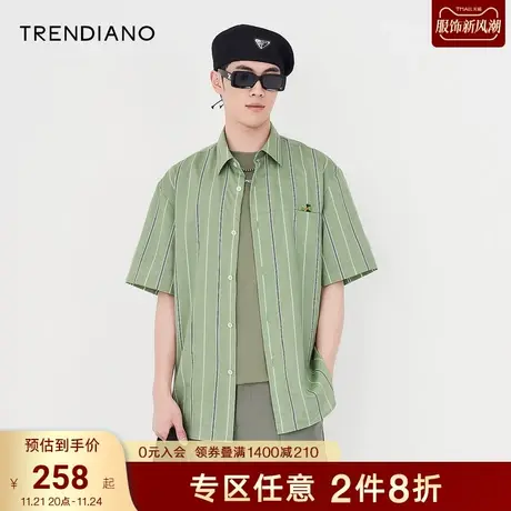 TRENDIANO潮牌夏季新款时尚痞帅条纹衬衫休闲翻领短袖上衣商品大图
