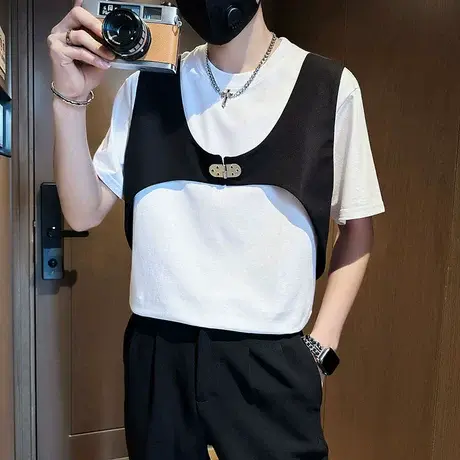 短袖t恤男新款夏季潮流拼接假两件设计短袖夜店潮男发型师帅气T恤商品大图