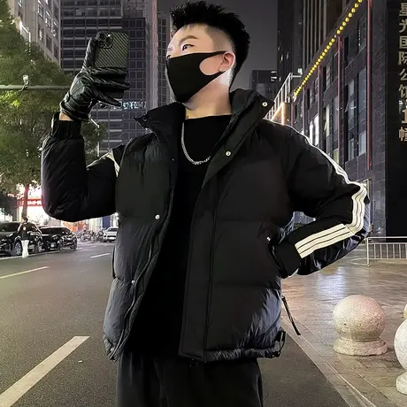 棉服冬款休闲条纹冬装棉衣外套轻熟重磅宽松加厚青年立领棉袄短款图片