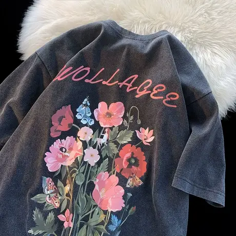 国潮ins短袖T恤男夏季设计感印花圆领薄款体恤港风宽松半袖打底衫商品大图