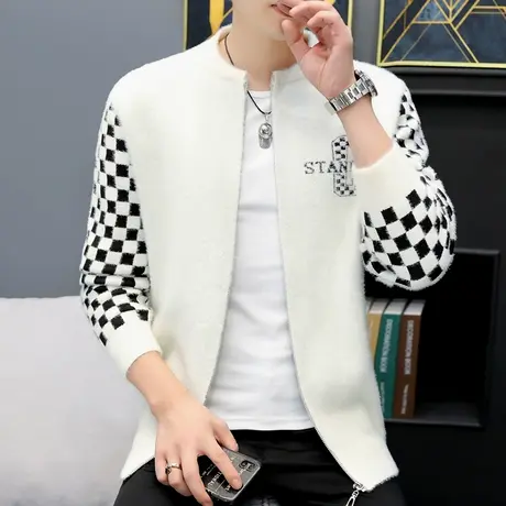 开衫毛衣男士 个性水貂绒外套潮牌帅气秋冬季加厚保暖夹克棒球服商品大图