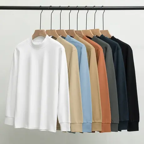 380g重磅t恤男长袖半高领内搭打底衫秋冬加厚中领纯色白色秋衣服商品大图