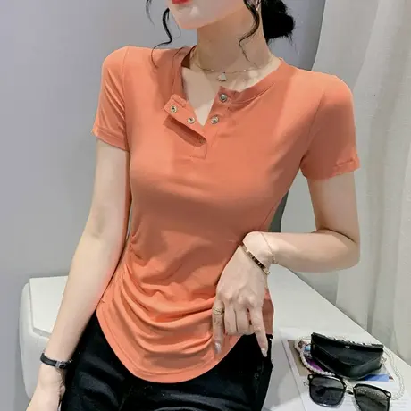 设计感弧形下摆T恤女短袖2023夏装新款时尚纯色百搭上衣修身小衫商品大图