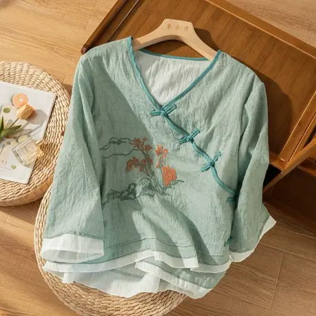 刺绣宽松长袖茶服文艺复古中国风气质减龄上衣女春秋2022秋季新款图片