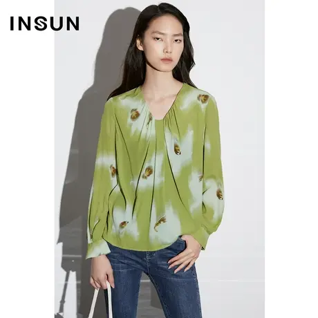 COVER春季褶皱V领印花真丝衬衫图片