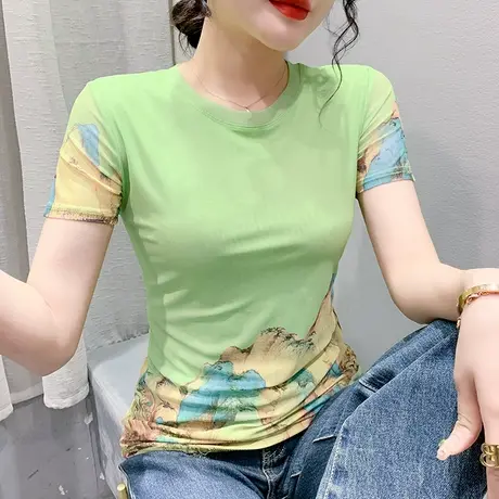 欧货网纱T恤女短袖2024夏天新款流行上衣漂亮印花气质小衫半袖ins图片
