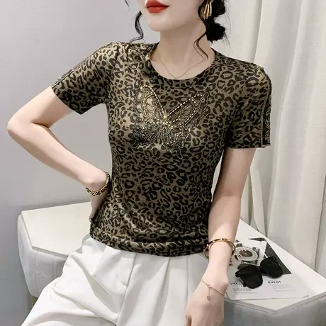 2024夏装新款时尚豹纹T恤女短袖性感镂空小衫烫钻网纱拼接上衣ins图片