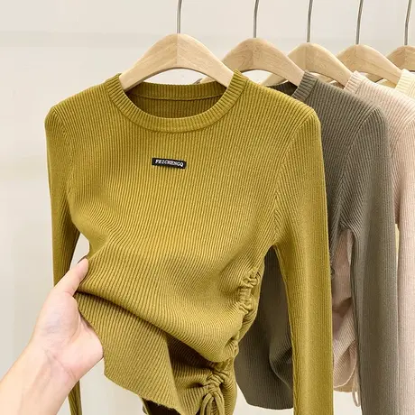 设计感抽绳针织衫女秋冬2024新款时尚圆领长袖显瘦修身内搭打底衫商品大图