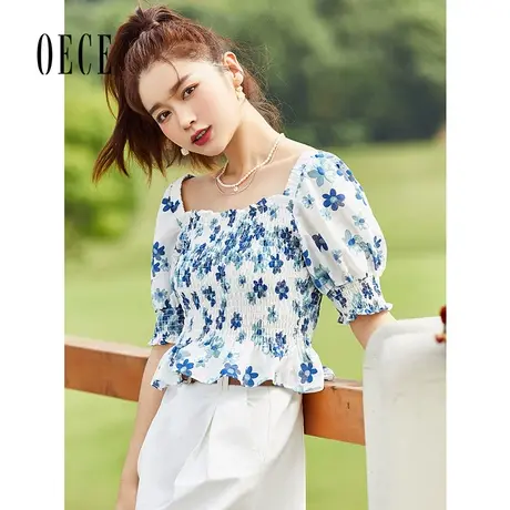Oece设计感上衣夏装新款女装清新显白碎花复古方领短袖雪纺衫商品大图