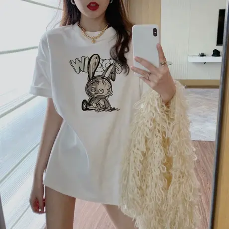 白色短袖t恤女中长款2023年夏季新款独特设计感小众半袖体恤上衣商品大图