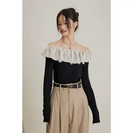 弥古黑色荷叶边一字肩露肩针织衫高级感女春秋修身长袖打底衫上衣商品大图