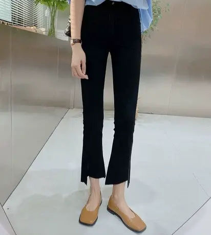 春夏微喇叭裤女2023新款高腰显瘦九分裤阔腿裤开叉薄款休闲八分裤商品大图