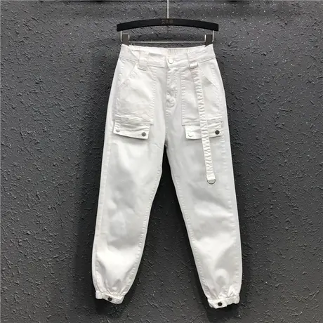 欧货春夏新款白色港风休闲牛仔工装裤潮高腰宽松显瘦束脚哈伦裤女商品大图