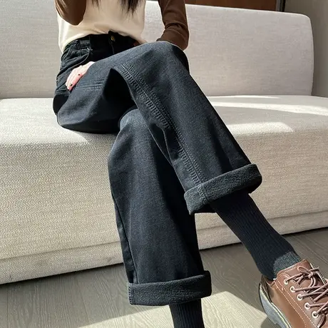 加绒黑色阔腿牛仔裤女2024年秋冬新款高腰垂感宽松薄绒复古直筒裤商品大图