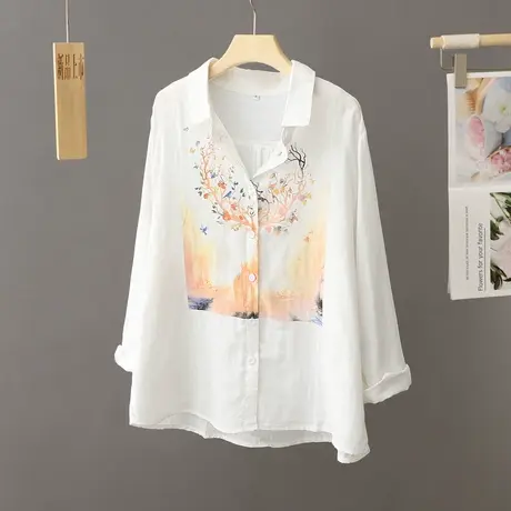 白色印花衬衫女春秋季棉纱中长款宽松衬衣设计感小众洋气上衣长袖商品大图