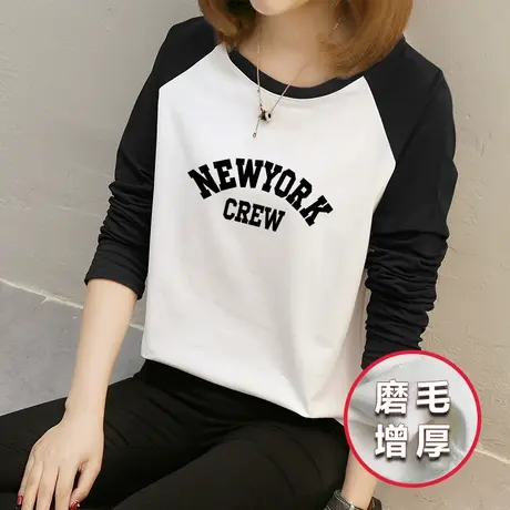 长袖T恤女磨毛加厚宽松字母印花秋冬2022年新款圆领内搭打底衫潮图片