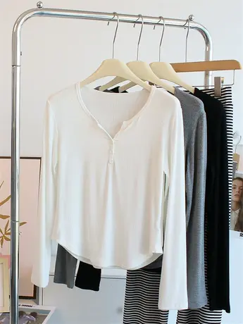 软糯舒适！半开领长袖t恤女春秋修身打底衫螺纹棉瑜伽舞蹈服上衣商品大图