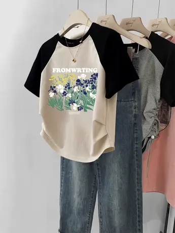 短款上衣女夏法式遮肉插肩袖chic复古风纯棉ins潮大码修身T恤短袖商品大图