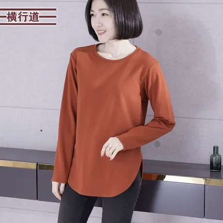 纯色打底衫圆领中长款长袖T恤女装保暖上衣2024新春装休闲外穿商品大图
