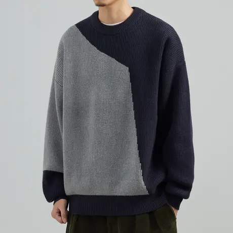 秋冬潮牌休闲拼色毛衣男圆领宽松慵懒风针织衫新款男士加厚毛线衣图片