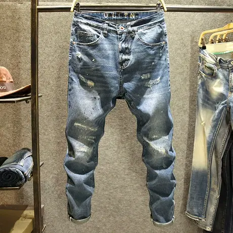 纯棉九分裤牛仔裤男潮牌宽松直筒韩版潮流弹力男裤个性破洞裤潮夏商品大图