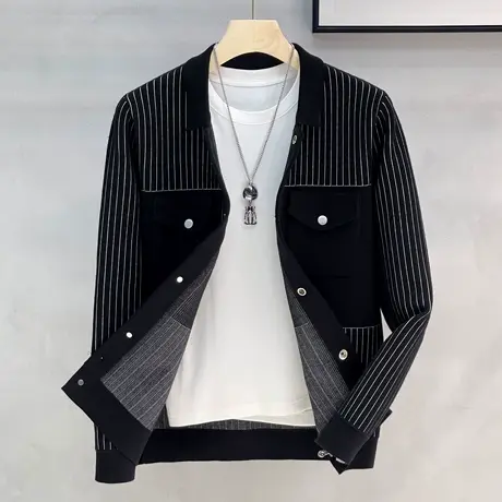 2023秋季新款撞色条纹翻领夹克男修身针织开衫时尚毛衣男装外套商品大图