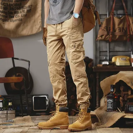 水洗工装裤子男士春夏款宽松潮流束脚卡其色直筒休闲裤男士休闲裤商品大图