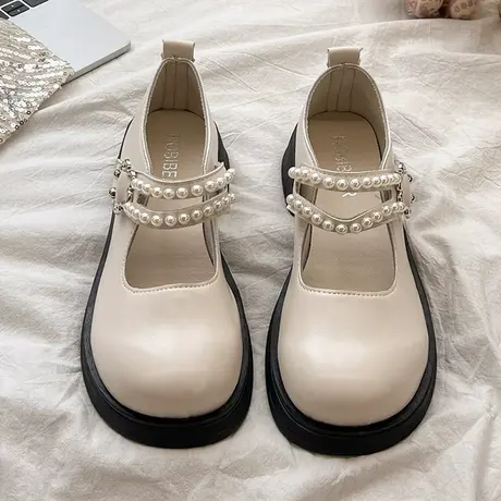 法式复古英伦风小皮鞋女2023秋新款珍珠仙女一字带厚底玛丽珍单鞋商品大图