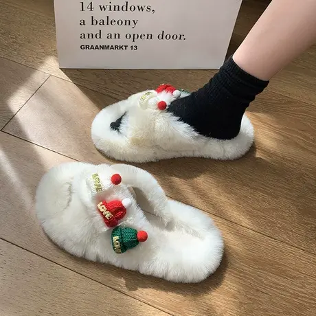 仙女风交叉毛毛拖鞋女2024秋冬新款毛茸茸居家平底防滑外穿一字拖商品大图