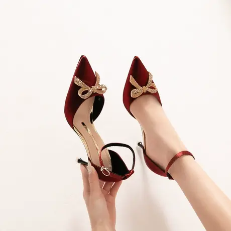 法式一字带水钻高跟鞋女细跟2024年夏季新款性感百搭尖头中空凉鞋商品大图