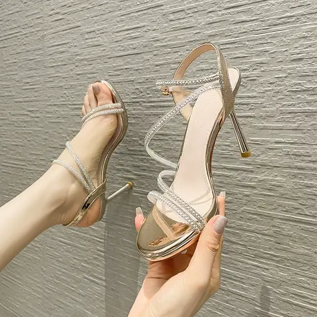 2024年夏季新款百搭一字带罗马凉鞋性感法式仙女水钻高跟鞋女细跟商品大图