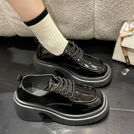 英伦风小皮鞋女粗跟2023春季新款日系jk单鞋子厚底高跟系带乐福鞋商品大图