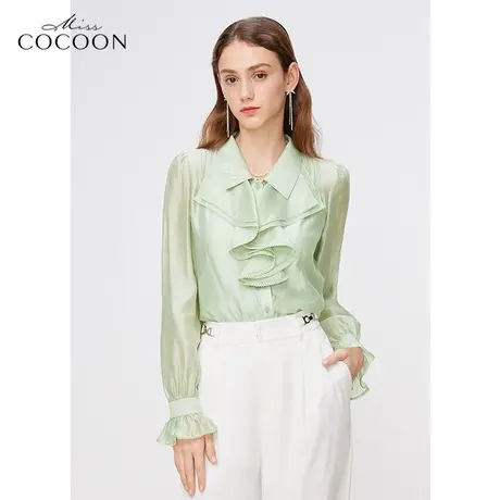 missCOCOON绿色衬衫女2023新款春季通勤气质长袖荷叶边设计感上衣商品大图