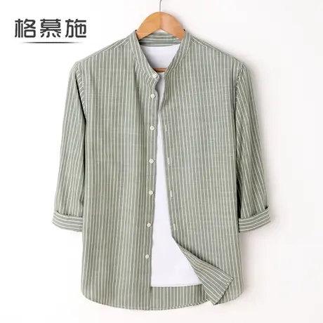 格慕施夏季纯棉男士七分袖短袖衬衫春秋条纹休闲长袖大码宽松衬衣商品大图
