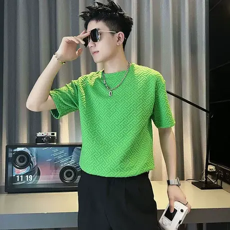 高级感短袖男夏季痞帅重磅半截袖潮流t恤2023新款ins潮牌纯色半袖商品大图