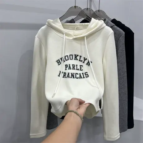 2023新款字母印花加厚磨毛抽绳连帽卫衣女秋冬季百搭短款上衣帽衫商品大图