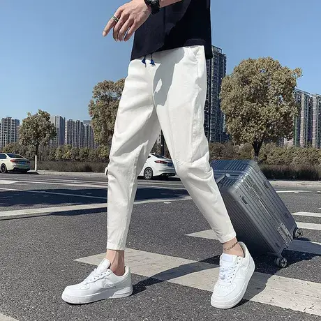 夏季男士纯色百搭休闲裤九分裤小脚裤裤子修身运动潮牌潮流束脚裤商品大图
