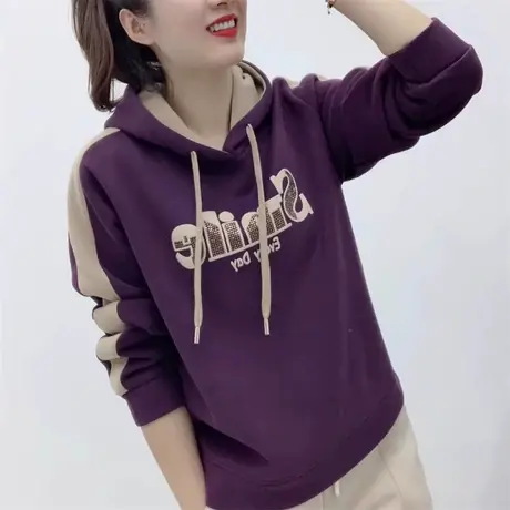 2023秋冬新款百搭时尚字母烫钻加绒加厚连帽抽绳显瘦长袖女士卫衣商品大图