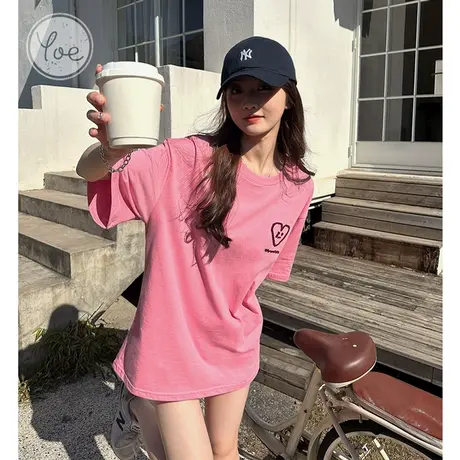 yoe2023夏装牙刷绣t恤宽松时尚chic休闲oversize粉色短袖上衣女商品大图