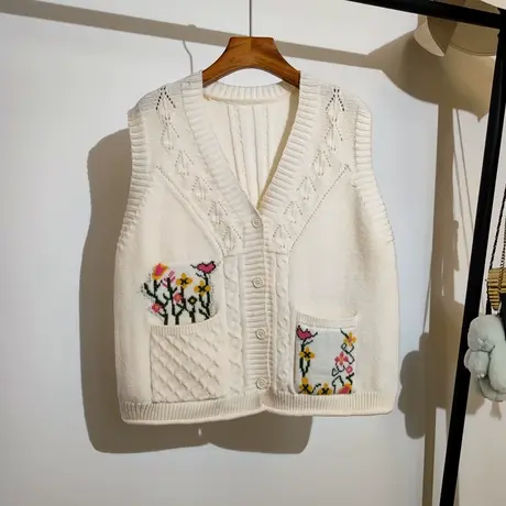 针织马甲女秋冬新款宽松v领设计感小众刺绣花朵毛衣背心上衣外穿商品大图