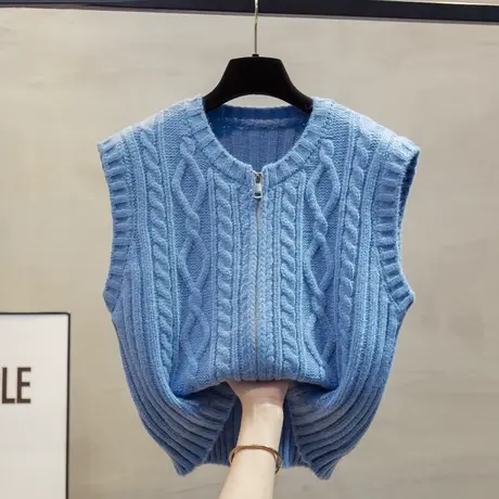 圆领针织开衫马甲背心女2024春秋新款宽松外穿马夹短麻花毛衣坎肩商品大图