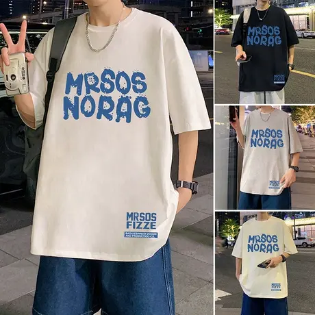 短袖T恤男夏季薄款纯棉美式ins潮牌男装2023新款衣服情侣宽松体恤商品大图