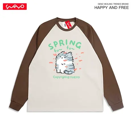 悦游 春风美短 春季樱花瓣猫咪日系拼色长袖T恤男原创卡通纯棉商品大图