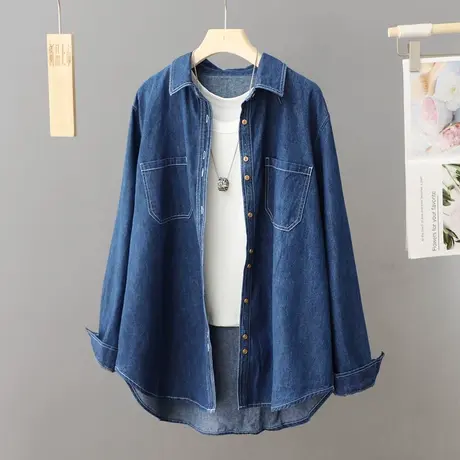 小众复古宽松牛仔衬衫外套女春季2024新款中长款港风双口袋衬衣潮商品大图