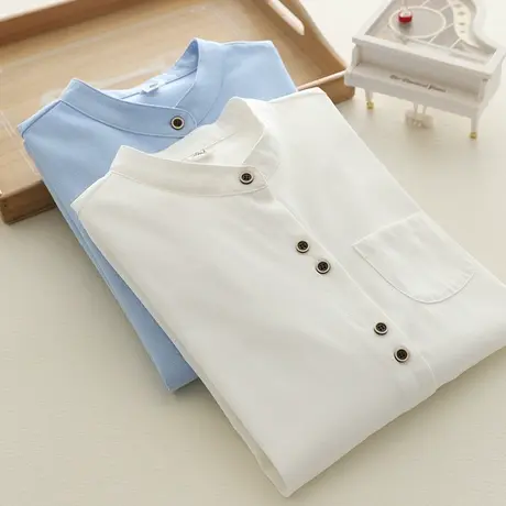 春秋季文艺小清新牛津纺纯棉白色长袖衬衫女学生宽松休闲立领上衣图片