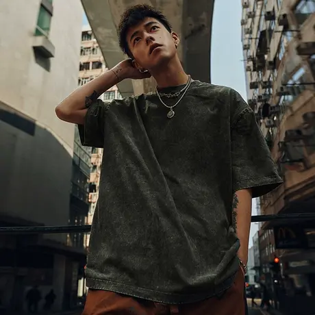 Nuthink美式街头纯色水洗做旧T恤男宽松短袖潮牌潮流半袖男款上衣商品大图