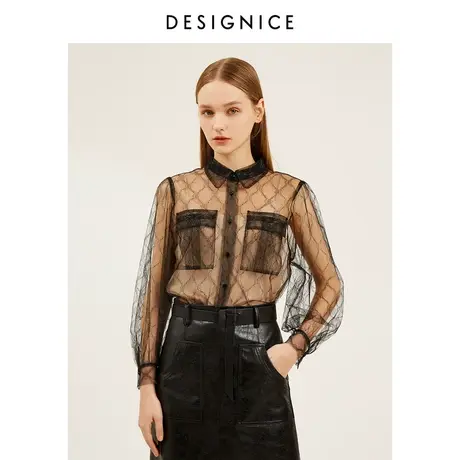 商场同款迪赛尼斯上衣女秋精致风黑色小衫长袖网纱蕾丝衬衫女图片