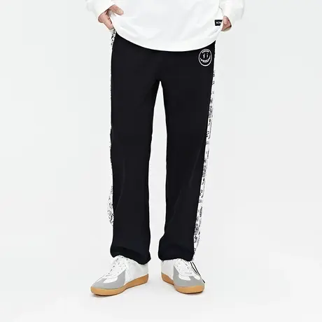 viishow 裤子男春秋潮牌黑色宽松直筒笑脸运动抽绳松紧腰休闲长裤图片