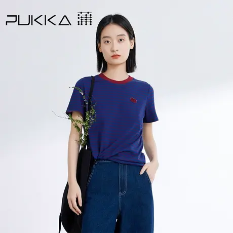 蒲PUKKA 减龄条纹短袖T恤女2024春季新款圆领撞色上衣图片